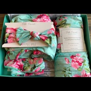 Robe, baby swaddle & headband set